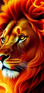 Majestic lion with fiery mane in vibrant mobile wallpaper.