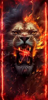 A fierce lion surrounded by flames on a dark background.