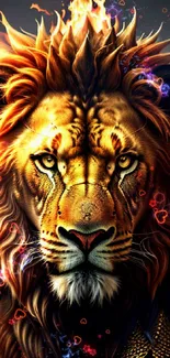 Fiery lion wallpaper with flames and intense color for mobile device screen.