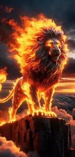 A flaming lion stands majestically on a rocky peak with a fiery aura and sunset sky.