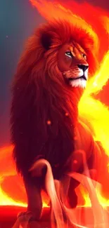 Bold lion stands against swirling fiery background on phone wallpaper.