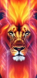 Fiery lion head with vibrant orange mane in digital wallpaper.