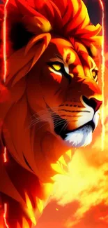 Fiery lion with orange flames in digital art wallpaper.