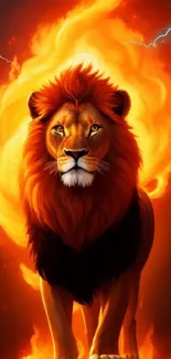 Lion with fiery mane on burning background.