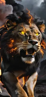 Fiery lion with lightning amid volcanic backdrop.
