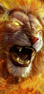 Fiery lion roaring with vibrant flames and intense expression.