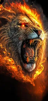 A roaring lion engulfed in fiery flames, with vibrant orange and dark background.