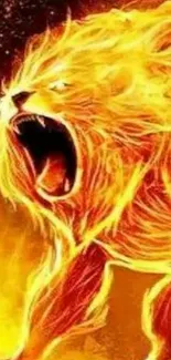 Fiery lion roaring in vibrant orange and yellow hues.
