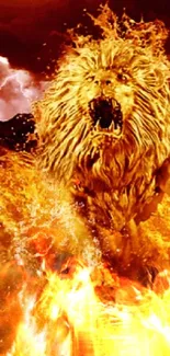 Roaring lion in fiery flames wallpaper design.