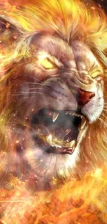 Roaring lion surrounded by vibrant flames.