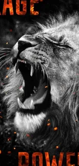 Fiery lion roaring with sparks on a dark background.