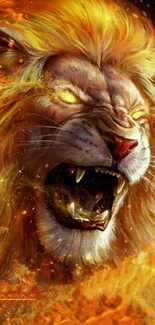 Fiery lion roaring with flames in vibrant art design.