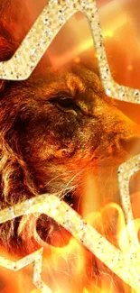 Fiery lion with golden star overlay and flames background.