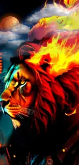 Fiery lion with cityscape background in vibrant colors