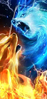 Wallpaper of fiery lion and icy wolf clashing with electric energy.