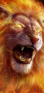 Fierce fiery lion surrounded by flames.