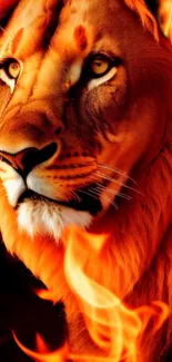 Fiery lion face with flames in vibrant orange hues.