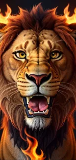 Lion with fiery mane and intense expression on a dark background.