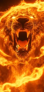 Fiery lion engulfed in flames roaring.