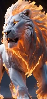 Fiery white lion with orange mane in digital art style.