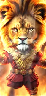 Lion warrior in fiery attire with vibrant colors.