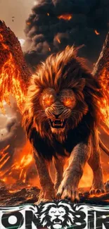 Lion with fiery wings in a dramatic setting.