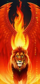 Majestic lion with fiery wings on a vibrant wallpaper background.