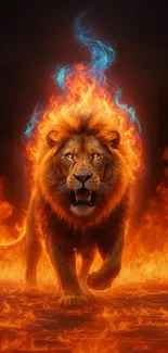 Fiery lion surrounded by flames with a blue aura.