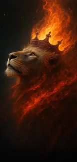 Lion with a fiery mane and crown in digital art.