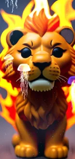 Fiery lion with neon jellyfish background.