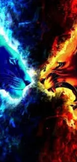 Dynamic blue and orange fiery lion wallpaper for mobile devices.