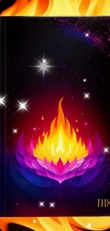 Fiery lotus with flames phone wallpaper, vibrant colors.