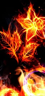 Fiery love and floral design on a mobile wallpaper with vibrant flames.