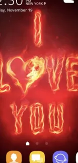 Fiery 'I Love You' text glowing on a mobile wallpaper.