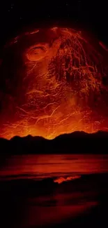 Fiery orange moon over a volcanic landscape at night.