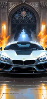 Luxury car surrounded by flames in a gothic hallway, exuding speed and elegance.