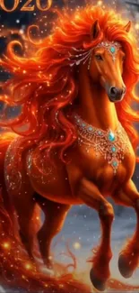 Vibrant fiery horse with jewels in a magical forest setting.