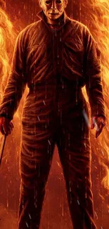 Masked figure surrounded by flames wallpaper.