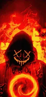 A masked figure surrounded by vibrant flames.