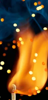 Fiery match with bright orange flames and sparkling lights.