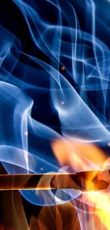 Burning matchstick with flames and swirling blue smoke wallpaper.