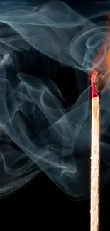 A lit matchstick with swirling smoke and vibrant orange flame against a dark background.