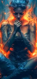 Meditative figure surrounded by fire