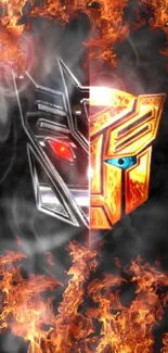 Fiery metallic robot face surrounded by flames.