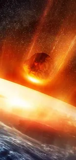 A fiery meteor approaches Earth with a bright orange explosion in space.