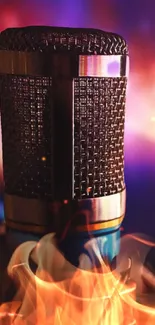 A fiery microphone with vibrant flames in the background, exuding musical energy.