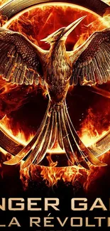 Fiery Mockingjay wallpaper with phoenix in flames on mobile background.