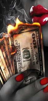 Artistic wallpaper of burning dollar bills and red accents.