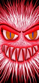 Fiery monster face with red tones and sharp teeth on a mobile wallpaper.