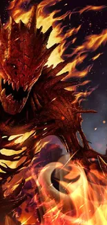 Fiery monster fantasy art with flames and dark background.